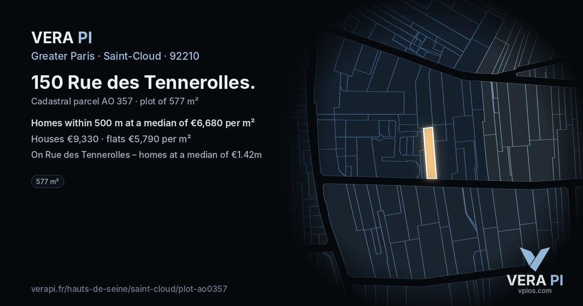 150 Rue des Tennerolles, Saint-Cloud at night – the plot lit, the parcels around coloured by the prices near them
