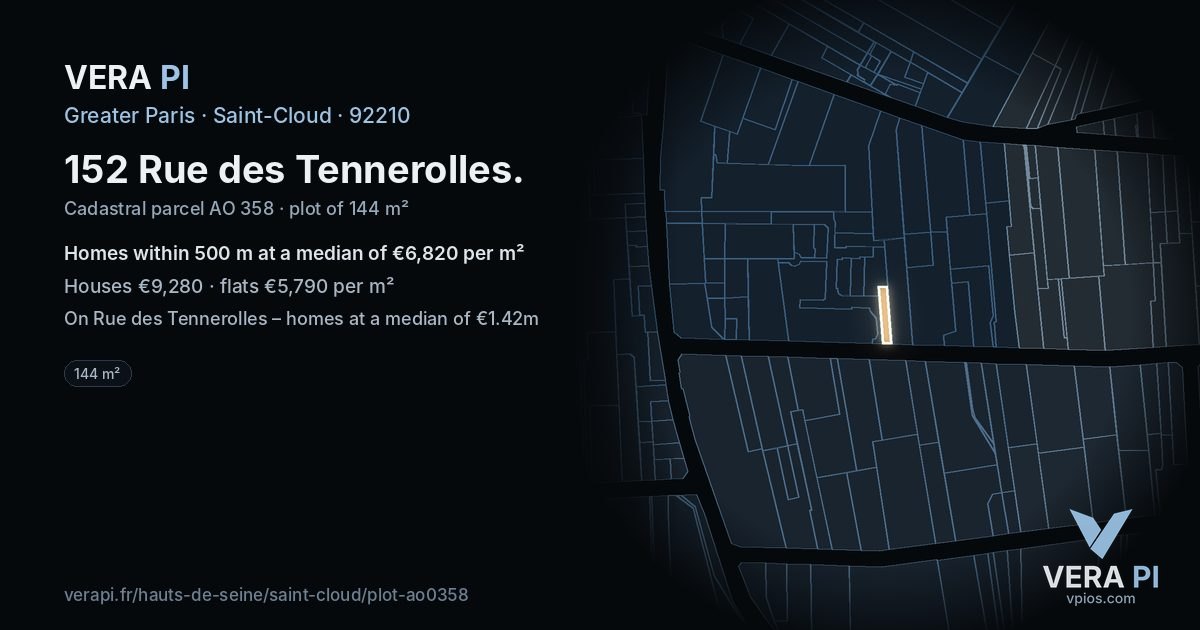 152 Rue des Tennerolles, Saint-Cloud at night – the plot lit, the parcels around coloured by the prices near them