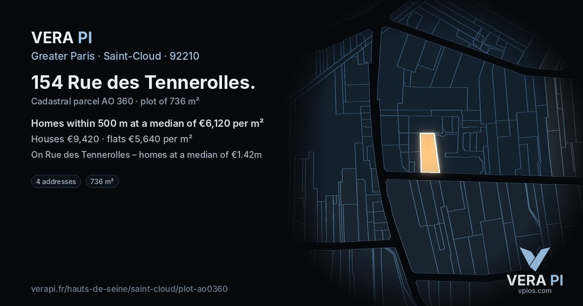 154 Rue des Tennerolles, Saint-Cloud at night – the plot lit, the parcels around coloured by the prices near them