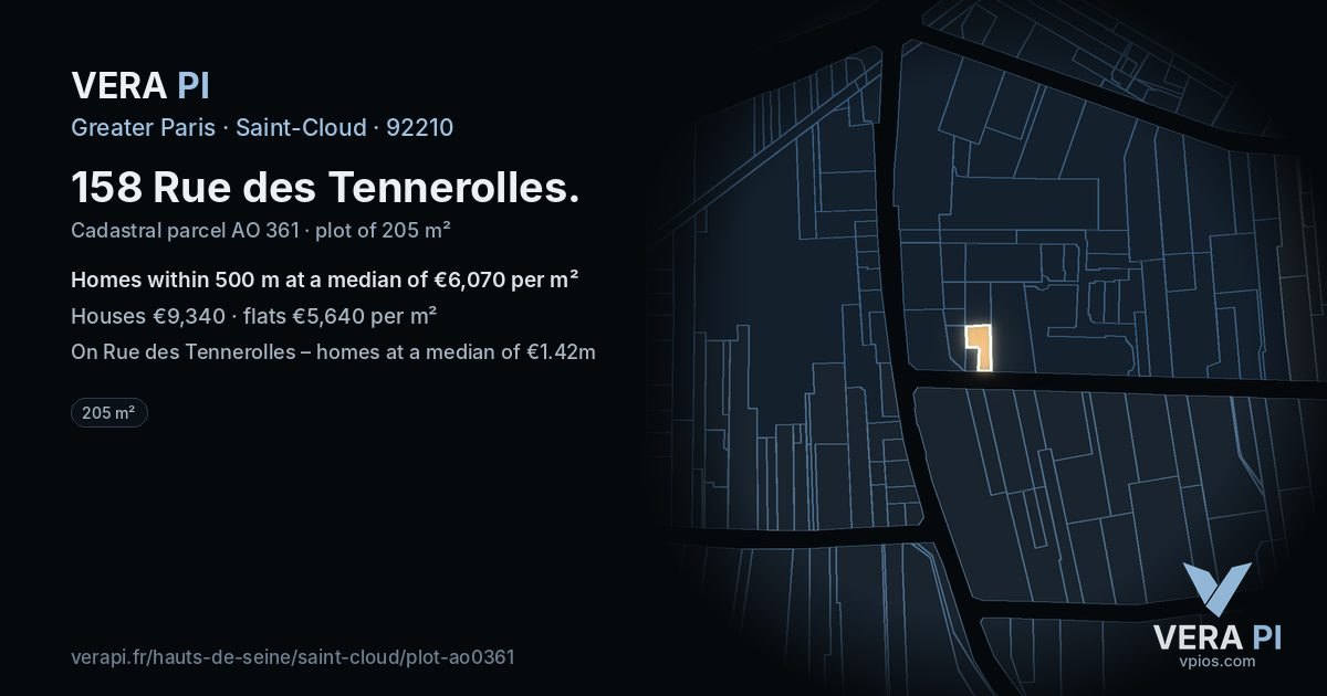158 Rue des Tennerolles, Saint-Cloud at night – the plot lit, the parcels around coloured by the prices near them