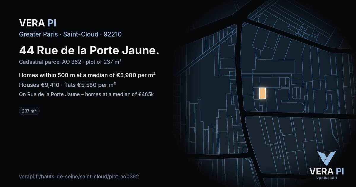 44 Rue de la Porte Jaune, Saint-Cloud at night – the plot lit, the parcels around coloured by the prices near them