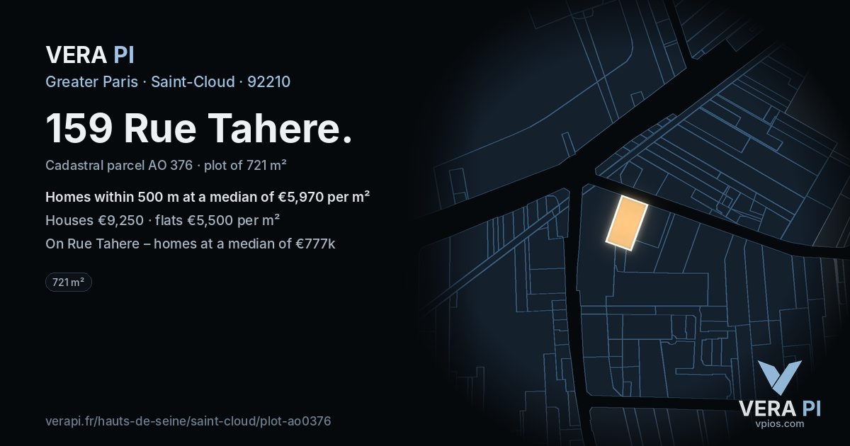 159 Rue Tahere, Saint-Cloud at night – the plot lit, the parcels around coloured by the prices near them