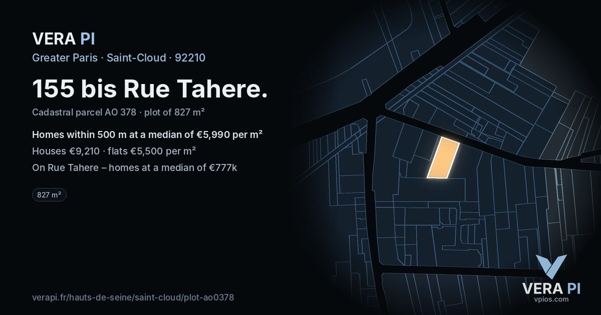 155 bis Rue Tahere, Saint-Cloud at night – the plot lit, the parcels around coloured by the prices near them