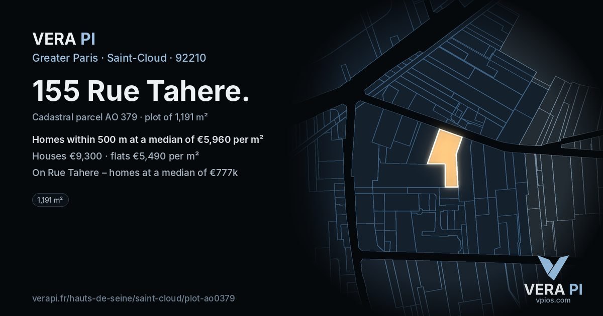 155 Rue Tahere, Saint-Cloud at night – the plot lit, the parcels around coloured by the prices near them