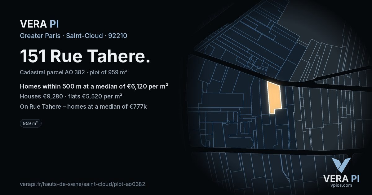 151 Rue Tahere, Saint-Cloud at night – the plot lit, the parcels around coloured by the prices near them