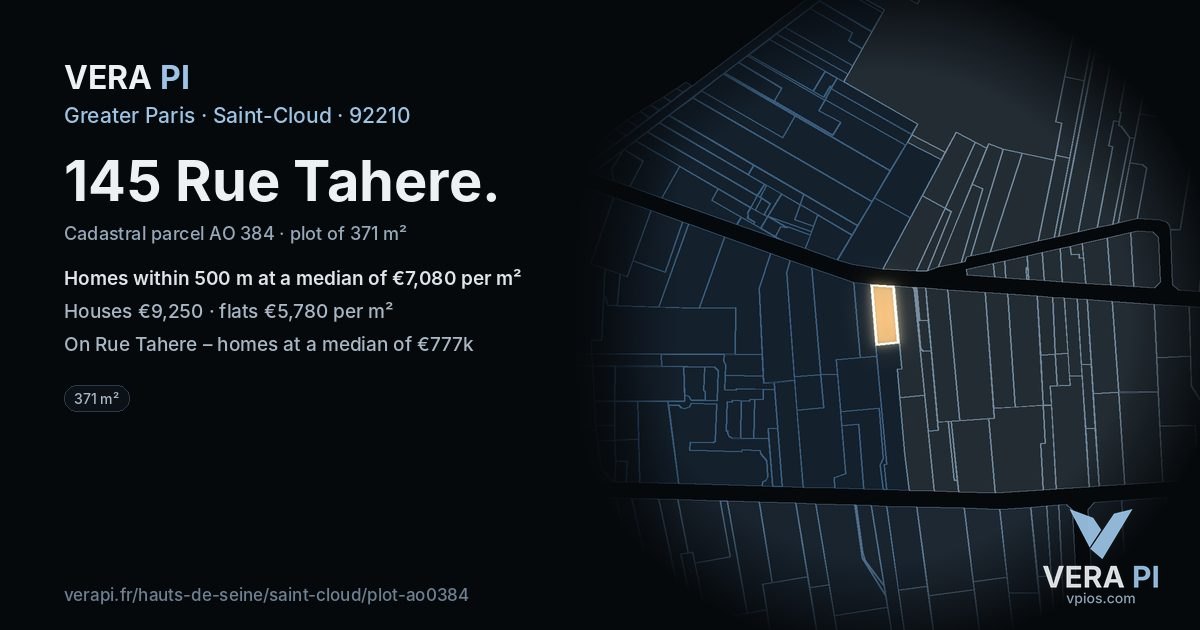 145 Rue Tahere, Saint-Cloud at night – the plot lit, the parcels around coloured by the prices near them