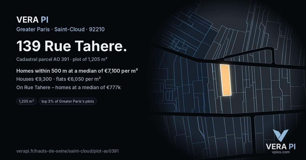 139 Rue Tahere, Saint-Cloud at night – the plot lit, the parcels around coloured by the prices near them