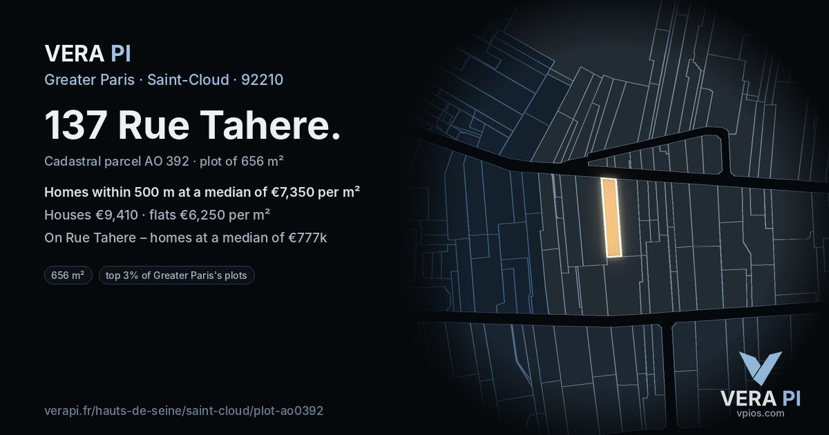 137 Rue Tahere, Saint-Cloud at night – the plot lit, the parcels around coloured by the prices near them