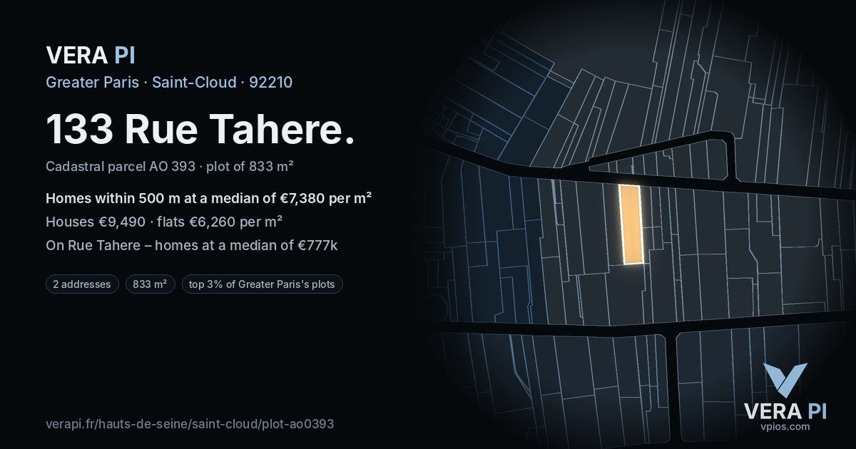 133 Rue Tahere, Saint-Cloud at night – the plot lit, the parcels around coloured by the prices near them