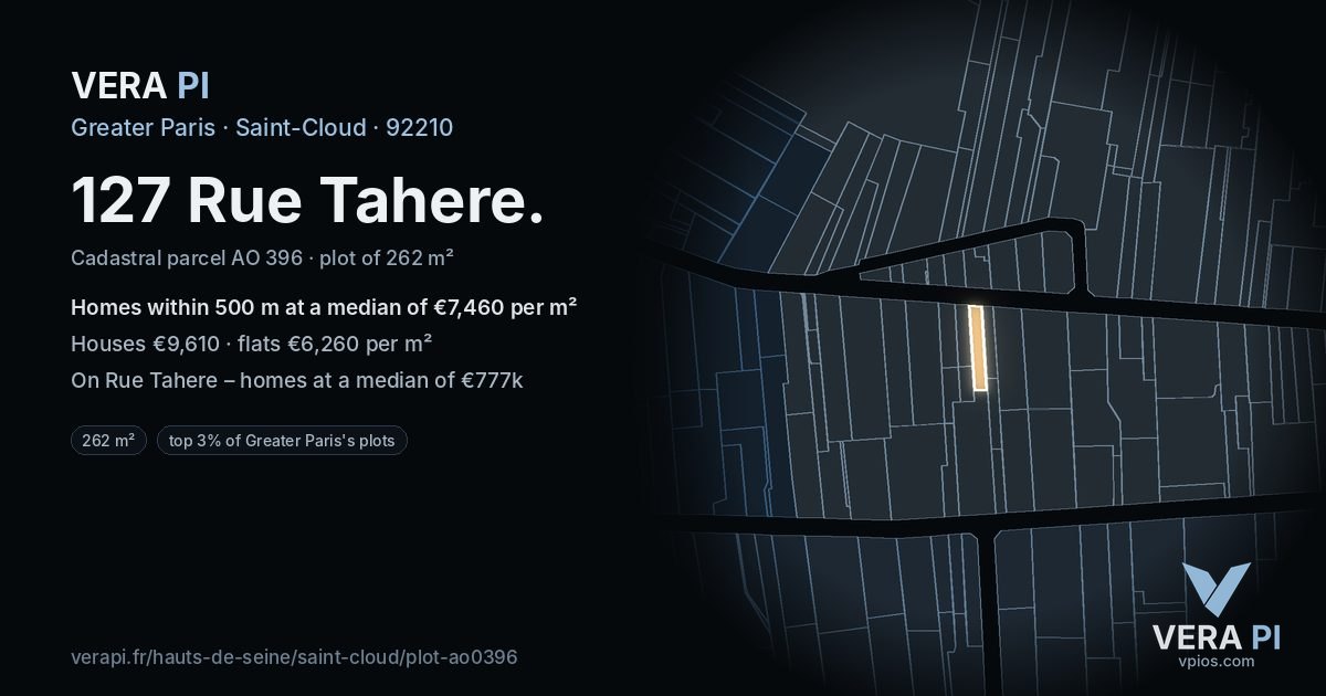 127 Rue Tahere, Saint-Cloud at night – the plot lit, the parcels around coloured by the prices near them