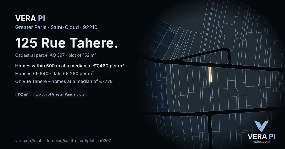 125 Rue Tahere, Saint-Cloud at night – the plot lit, the parcels around coloured by the prices near them