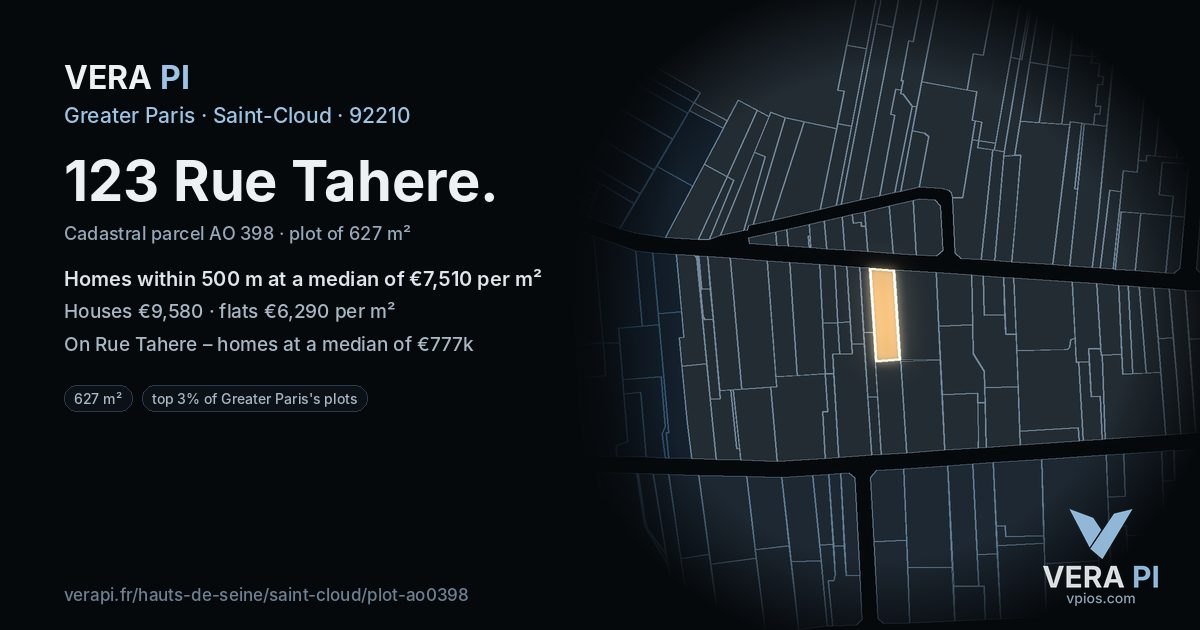 123 Rue Tahere, Saint-Cloud at night – the plot lit, the parcels around coloured by the prices near them