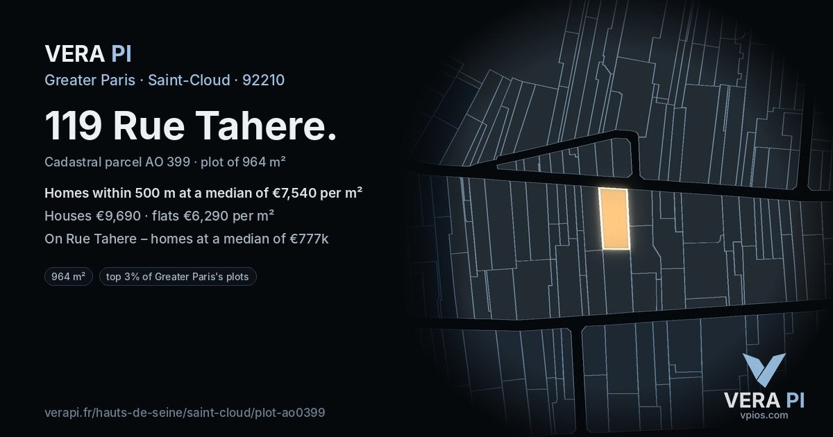 119 Rue Tahere, Saint-Cloud at night – the plot lit, the parcels around coloured by the prices near them