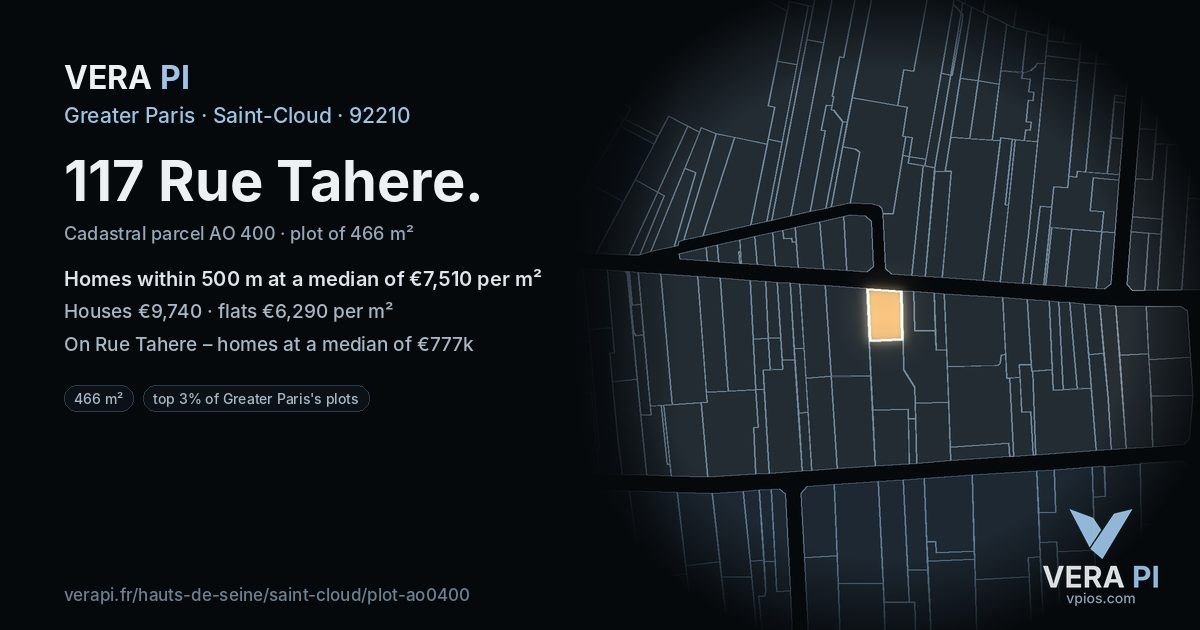 117 Rue Tahere, Saint-Cloud at night – the plot lit, the parcels around coloured by the prices near them