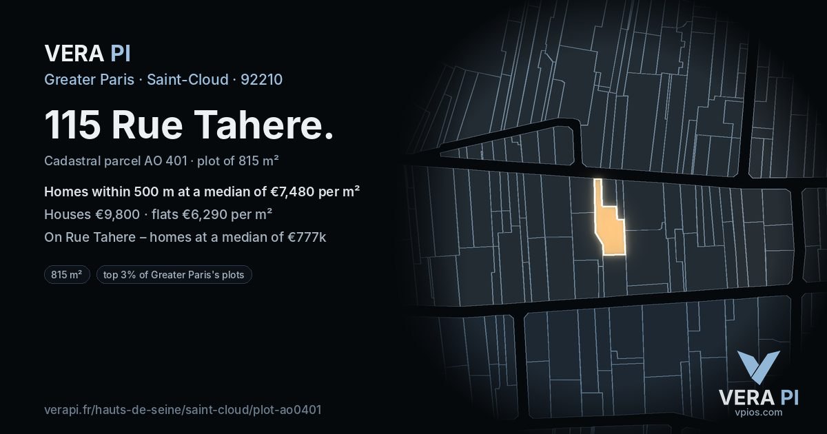 115 Rue Tahere, Saint-Cloud at night – the plot lit, the parcels around coloured by the prices near them