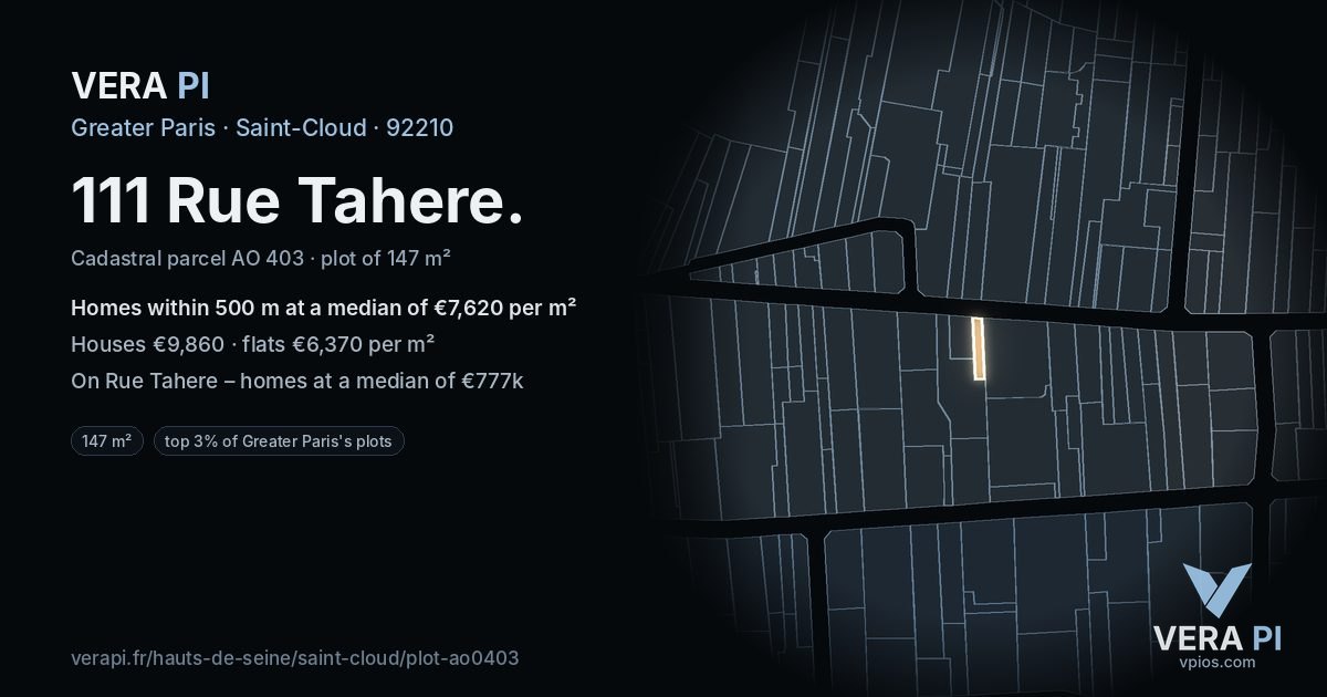 111 Rue Tahere, Saint-Cloud at night – the plot lit, the parcels around coloured by the prices near them