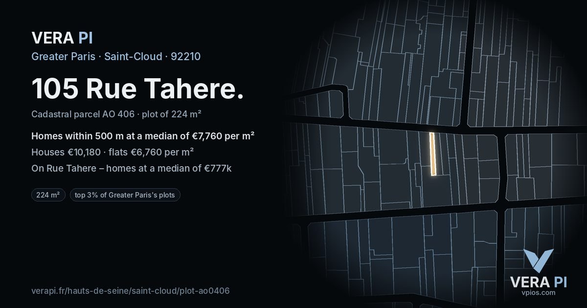 105 Rue Tahere, Saint-Cloud at night – the plot lit, the parcels around coloured by the prices near them