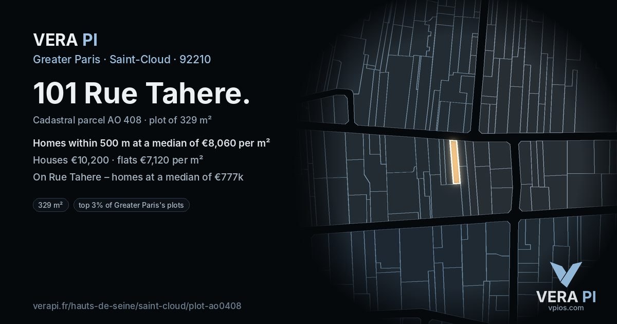 101 Rue Tahere, Saint-Cloud at night – the plot lit, the parcels around coloured by the prices near them