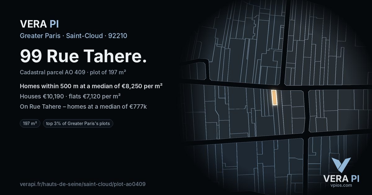 99 Rue Tahere, Saint-Cloud at night – the plot lit, the parcels around coloured by the prices near them