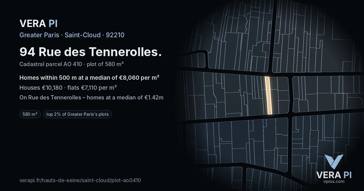 94 Rue des Tennerolles, Saint-Cloud at night – the plot lit, the parcels around coloured by the prices near them