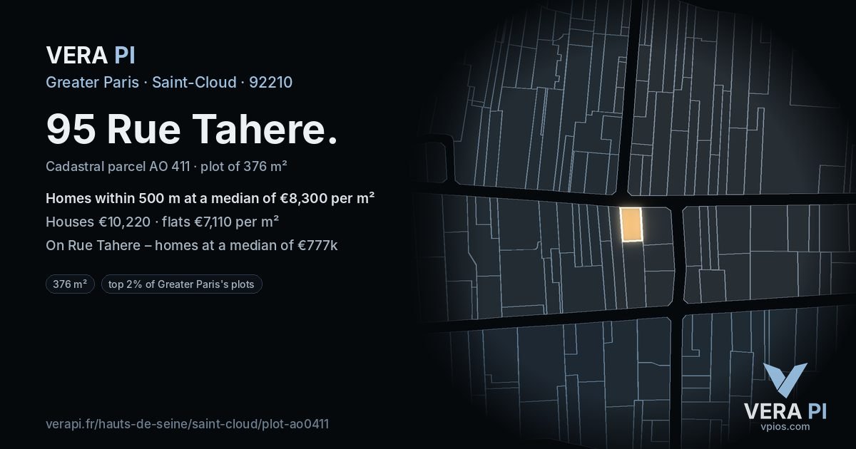 95 Rue Tahere, Saint-Cloud at night – the plot lit, the parcels around coloured by the prices near them