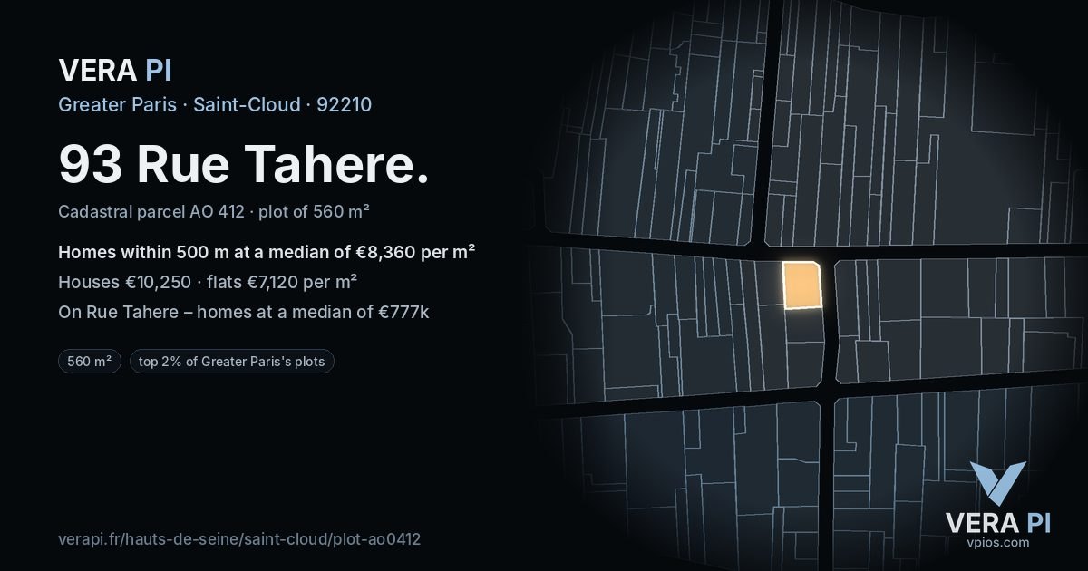 93 Rue Tahere, Saint-Cloud at night – the plot lit, the parcels around coloured by the prices near them