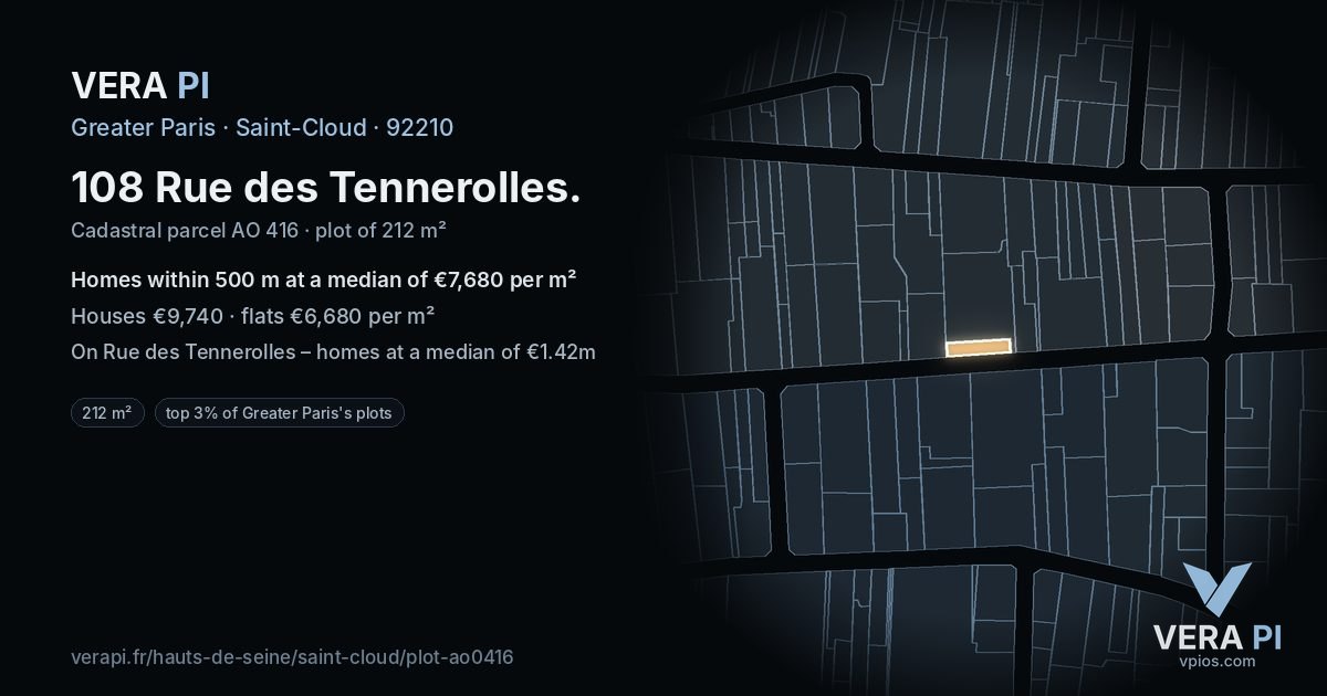 108 Rue des Tennerolles, Saint-Cloud at night – the plot lit, the parcels around coloured by the prices near them