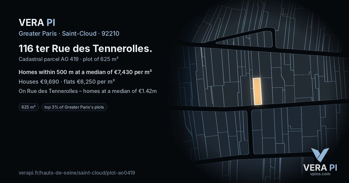 116 ter Rue des Tennerolles, Saint-Cloud at night – the plot lit, the parcels around coloured by the prices near them