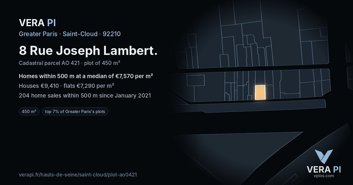 8 Rue Joseph Lambert, Saint-Cloud at night – the plot lit, the parcels around coloured by the prices near them
