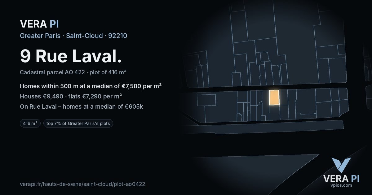 9 Rue Laval, Saint-Cloud at night – the plot lit, the parcels around coloured by the prices near them