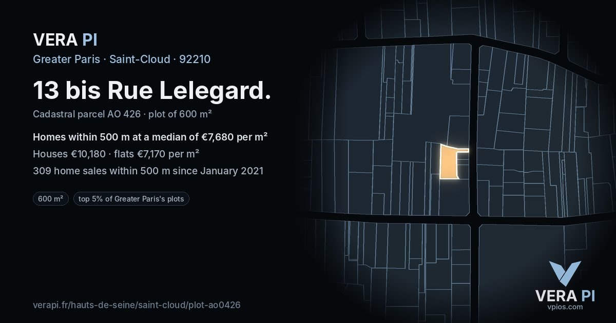 13 bis Rue Lelegard, Saint-Cloud at night – the plot lit, the parcels around coloured by the prices near them