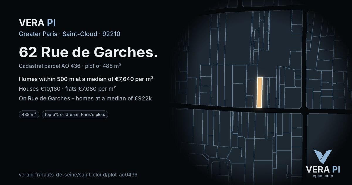 62 Rue de Garches, Saint-Cloud at night – the plot lit, the parcels around coloured by the prices near them