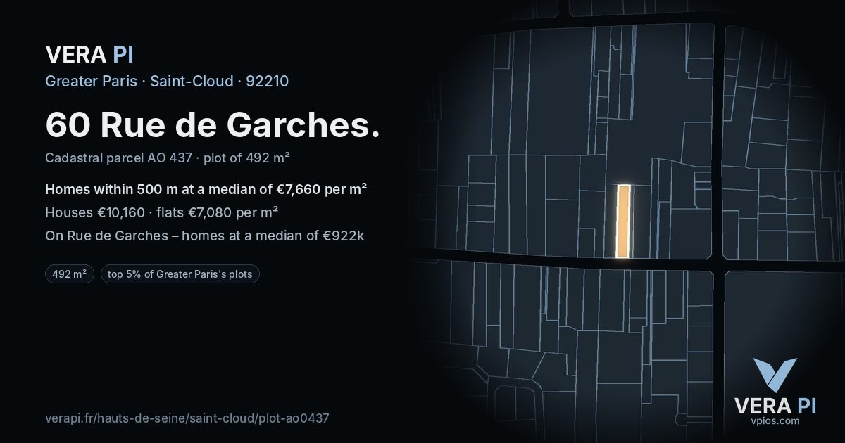 60 Rue de Garches, Saint-Cloud at night – the plot lit, the parcels around coloured by the prices near them