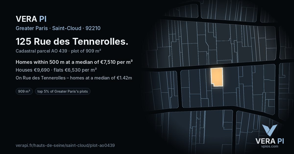 125 Rue des Tennerolles, Saint-Cloud at night – the plot lit, the parcels around coloured by the prices near them