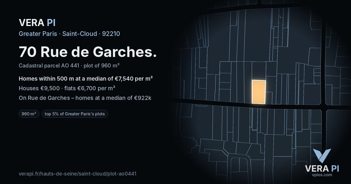 70 Rue de Garches, Saint-Cloud at night – the plot lit, the parcels around coloured by the prices near them