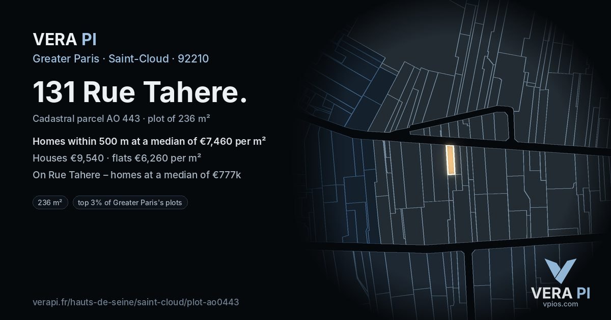 131 Rue Tahere, Saint-Cloud at night – the plot lit, the parcels around coloured by the prices near them