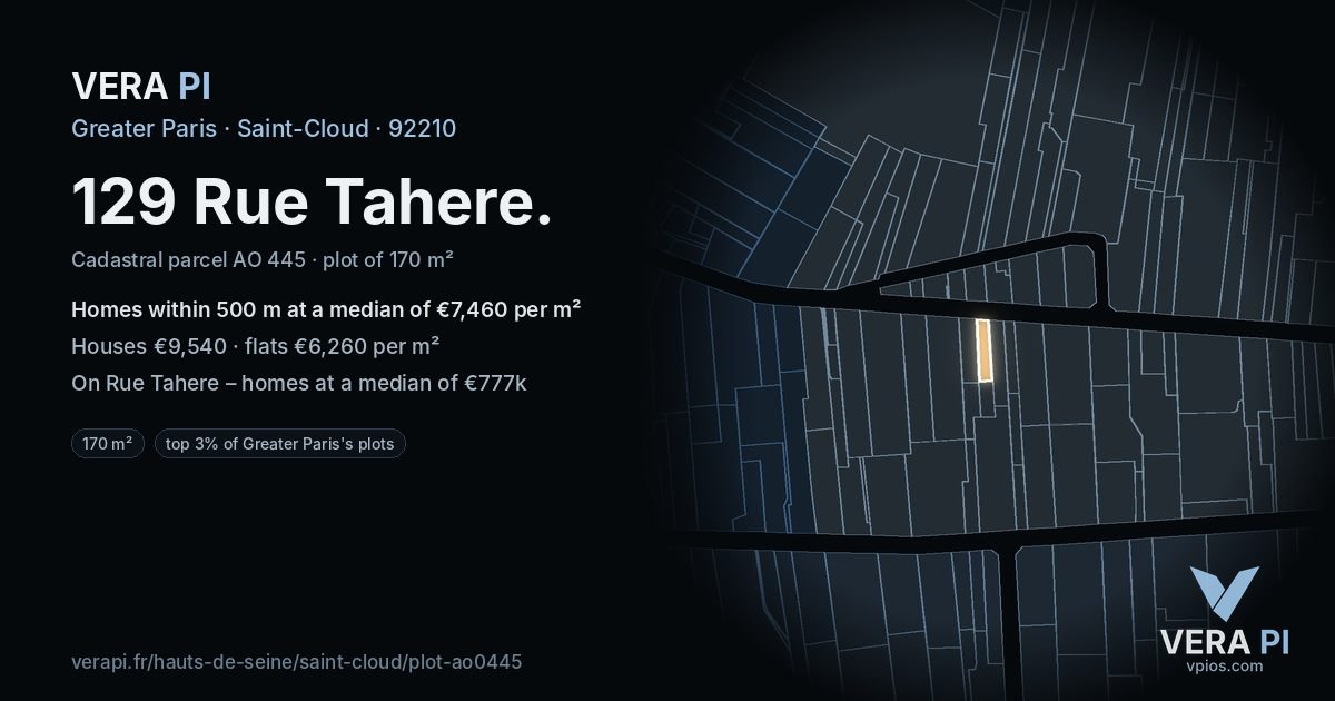 129 Rue Tahere, Saint-Cloud at night – the plot lit, the parcels around coloured by the prices near them