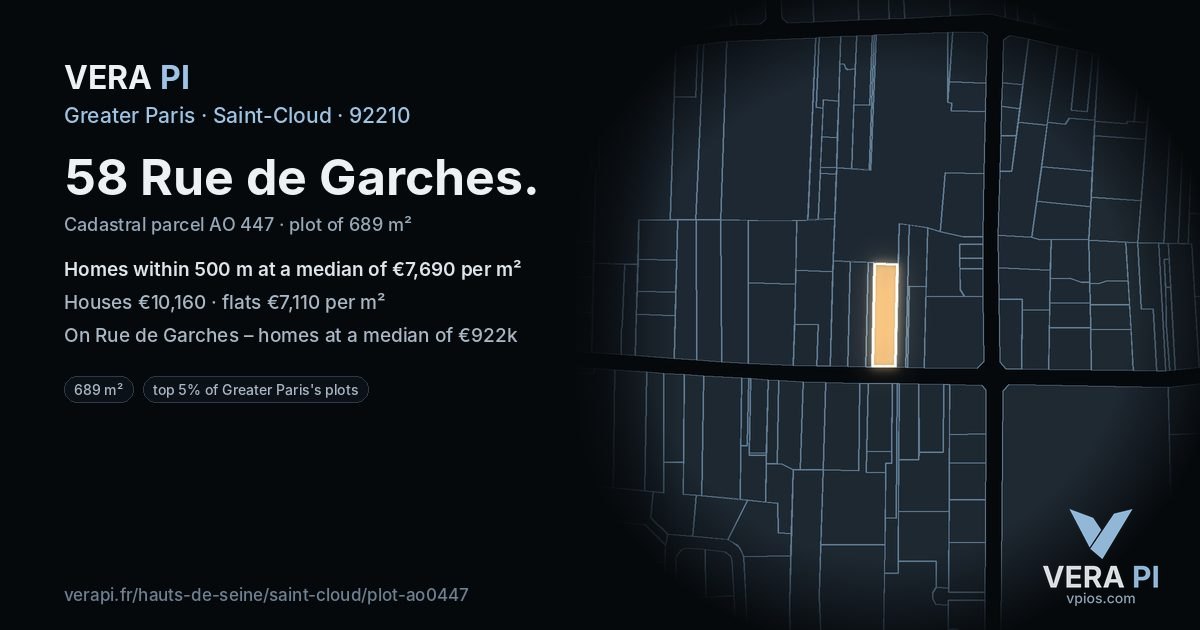 58 Rue de Garches, Saint-Cloud at night – the plot lit, the parcels around coloured by the prices near them