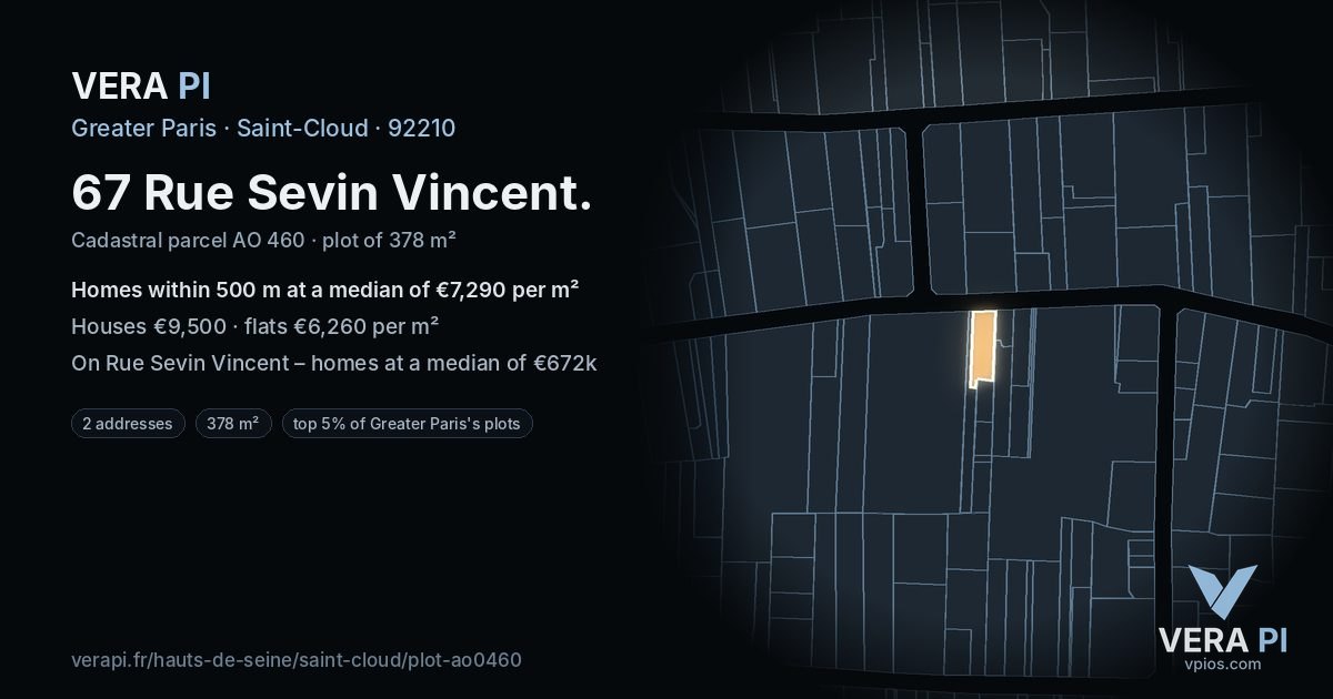 67 Rue Sevin Vincent, Saint-Cloud at night – the plot lit, the parcels around coloured by the prices near them
