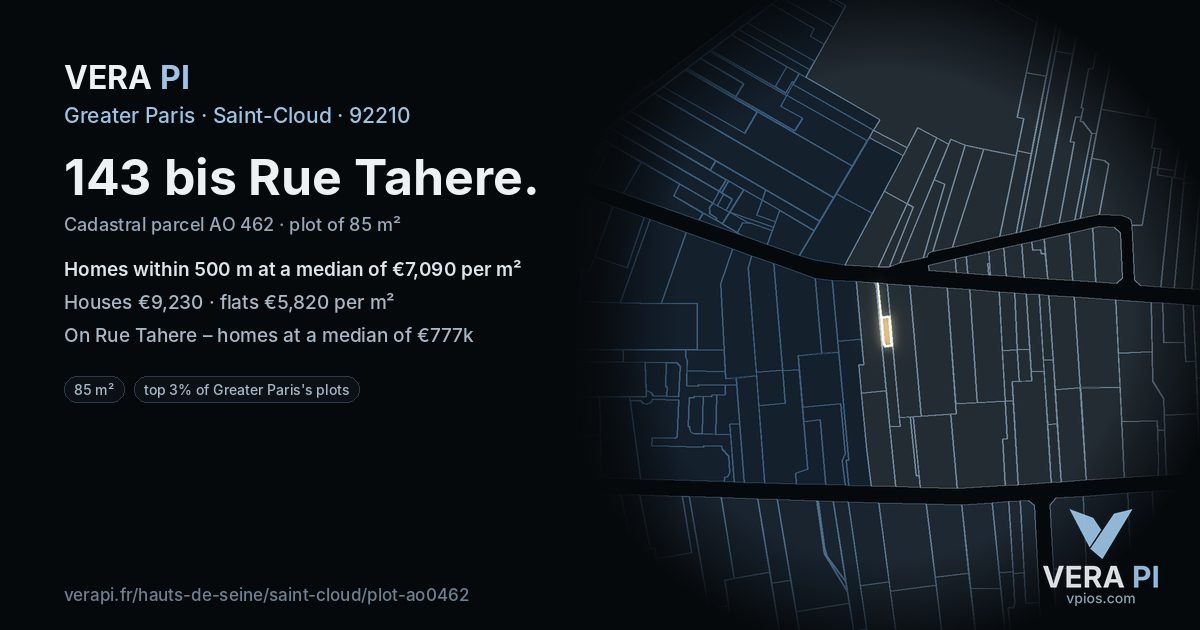 143 bis Rue Tahere, Saint-Cloud at night – the plot lit, the parcels around coloured by the prices near them
