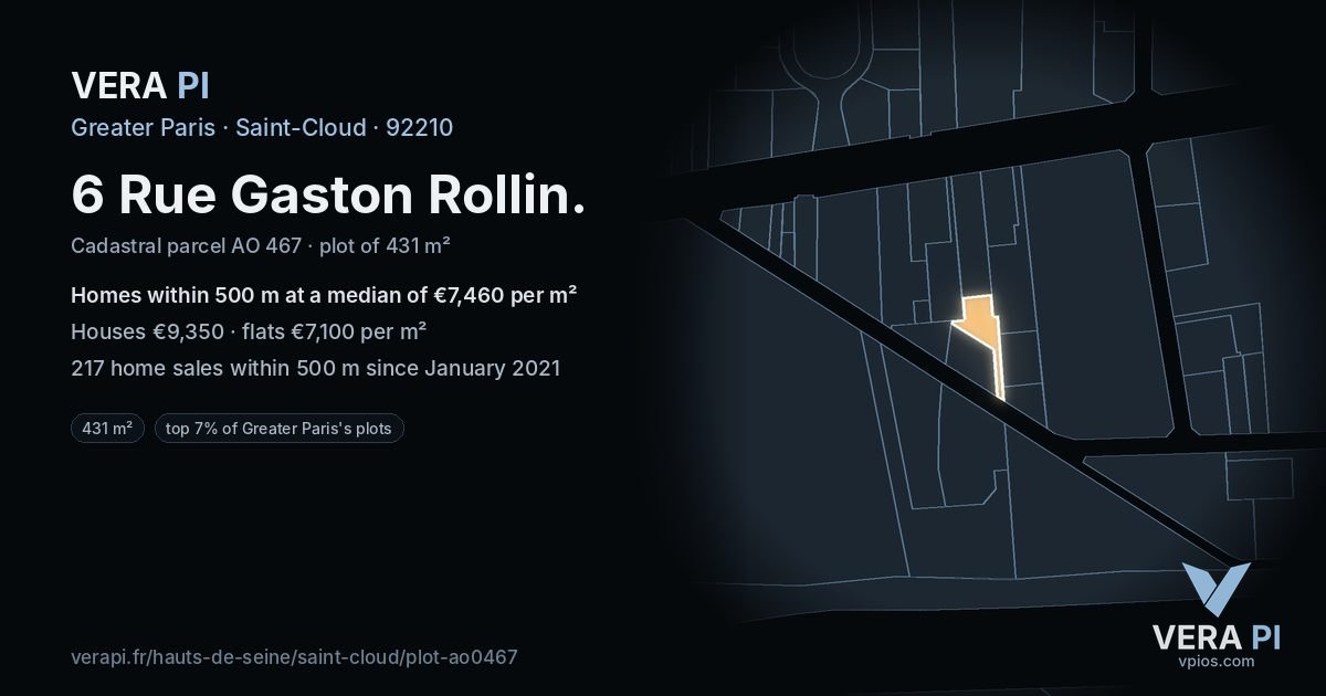6 Rue Gaston Rollin, Saint-Cloud at night – the plot lit, the parcels around coloured by the prices near them