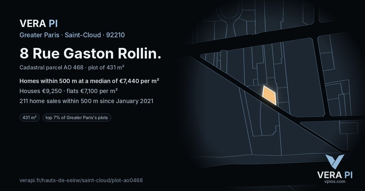 8 Rue Gaston Rollin, Saint-Cloud at night – the plot lit, the parcels around coloured by the prices near them