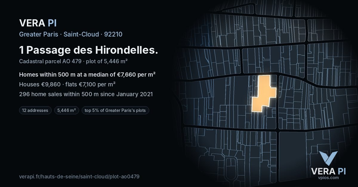 1 Passage des Hirondelles, Saint-Cloud at night – the plot lit, the parcels around coloured by the prices near them