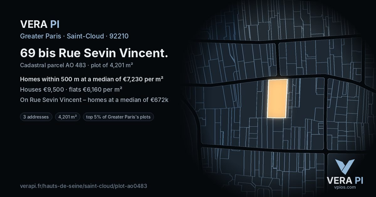 69 bis Rue Sevin Vincent, Saint-Cloud at night – the plot lit, the parcels around coloured by the prices near them