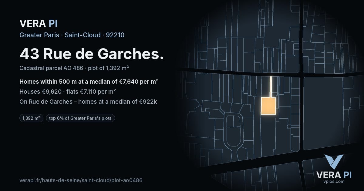 43 Rue de Garches, Saint-Cloud at night – the plot lit, the parcels around coloured by the prices near them