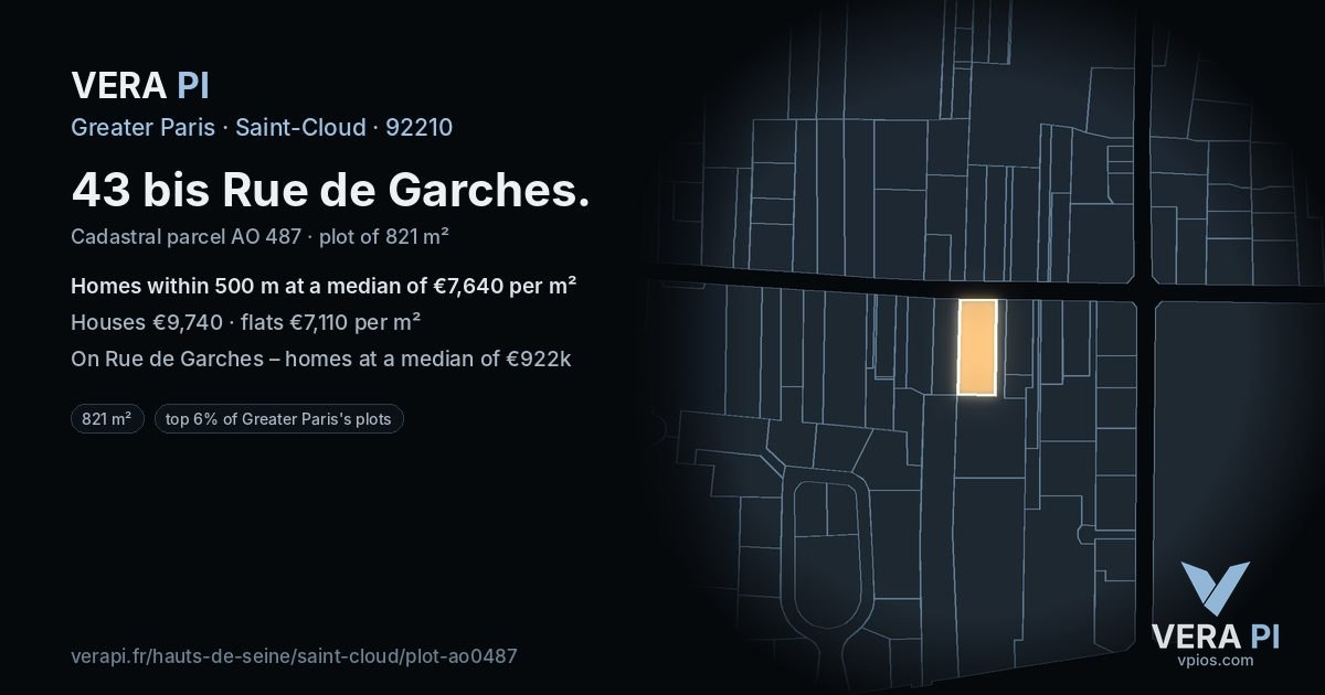 43 bis Rue de Garches, Saint-Cloud at night – the plot lit, the parcels around coloured by the prices near them