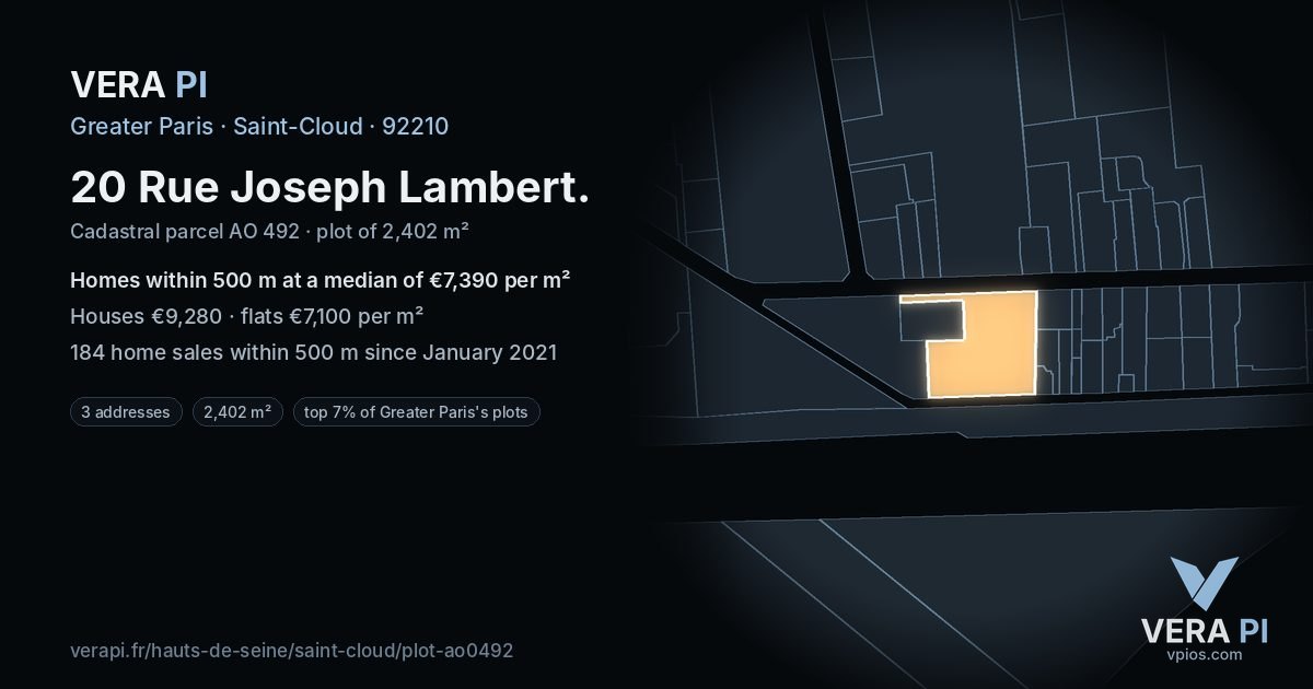 20 Rue Joseph Lambert, Saint-Cloud at night – the plot lit, the parcels around coloured by the prices near them