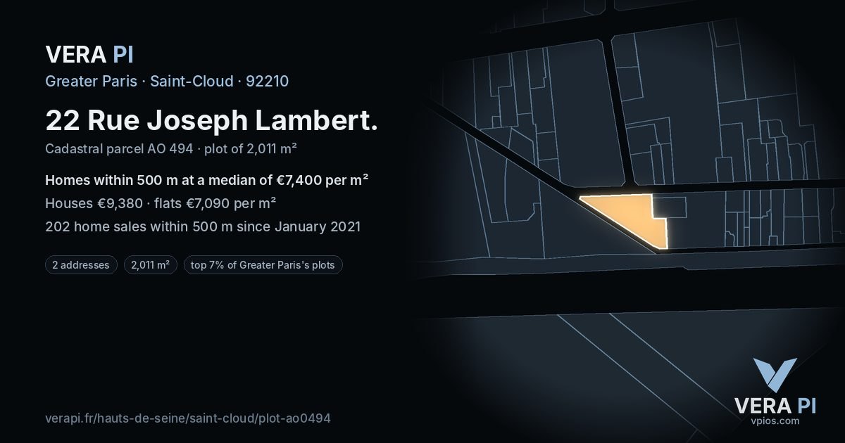 22 Rue Joseph Lambert, Saint-Cloud at night – the plot lit, the parcels around coloured by the prices near them