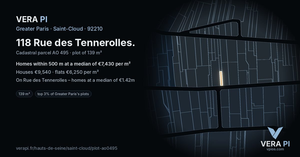 118 Rue des Tennerolles, Saint-Cloud at night – the plot lit, the parcels around coloured by the prices near them