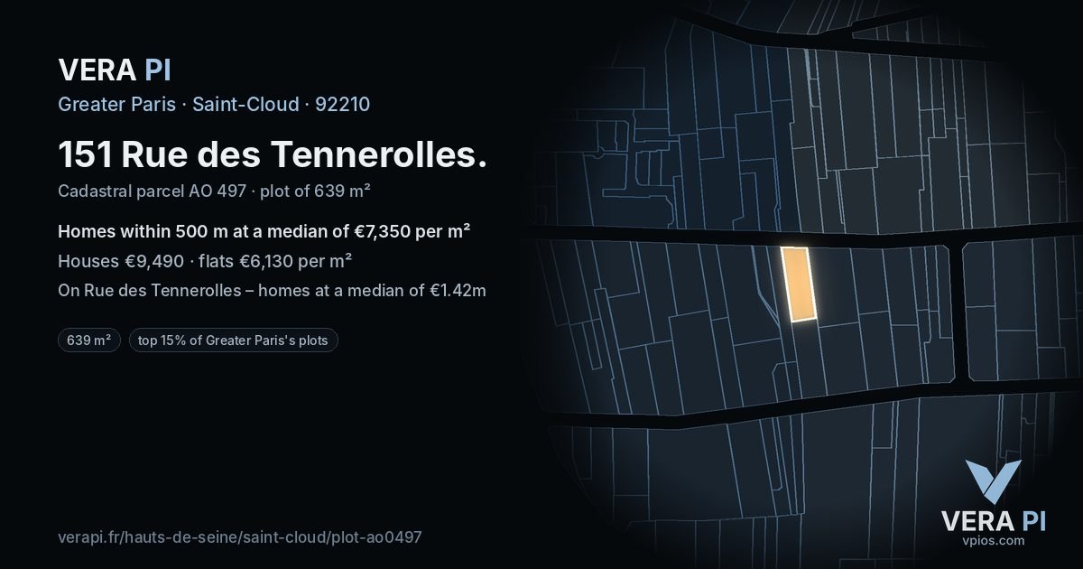 151 Rue des Tennerolles, Saint-Cloud at night – the plot lit, the parcels around coloured by the prices near them